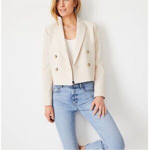NWT. Ann Taylor Cropped Blazer 14 Petite Beige Ivory Double Breasted Oversized